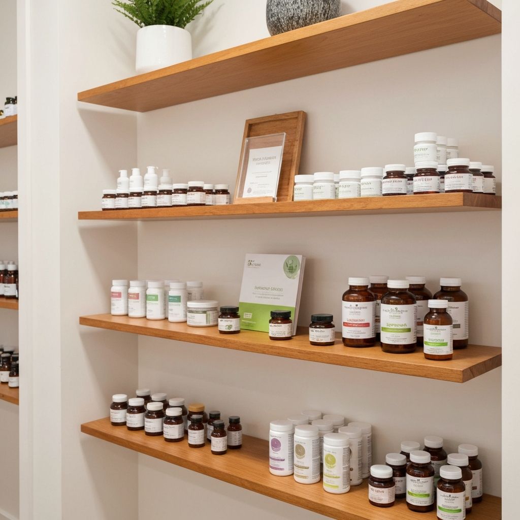Organized workspace with natural capsule products displayed on minimalist shelves
