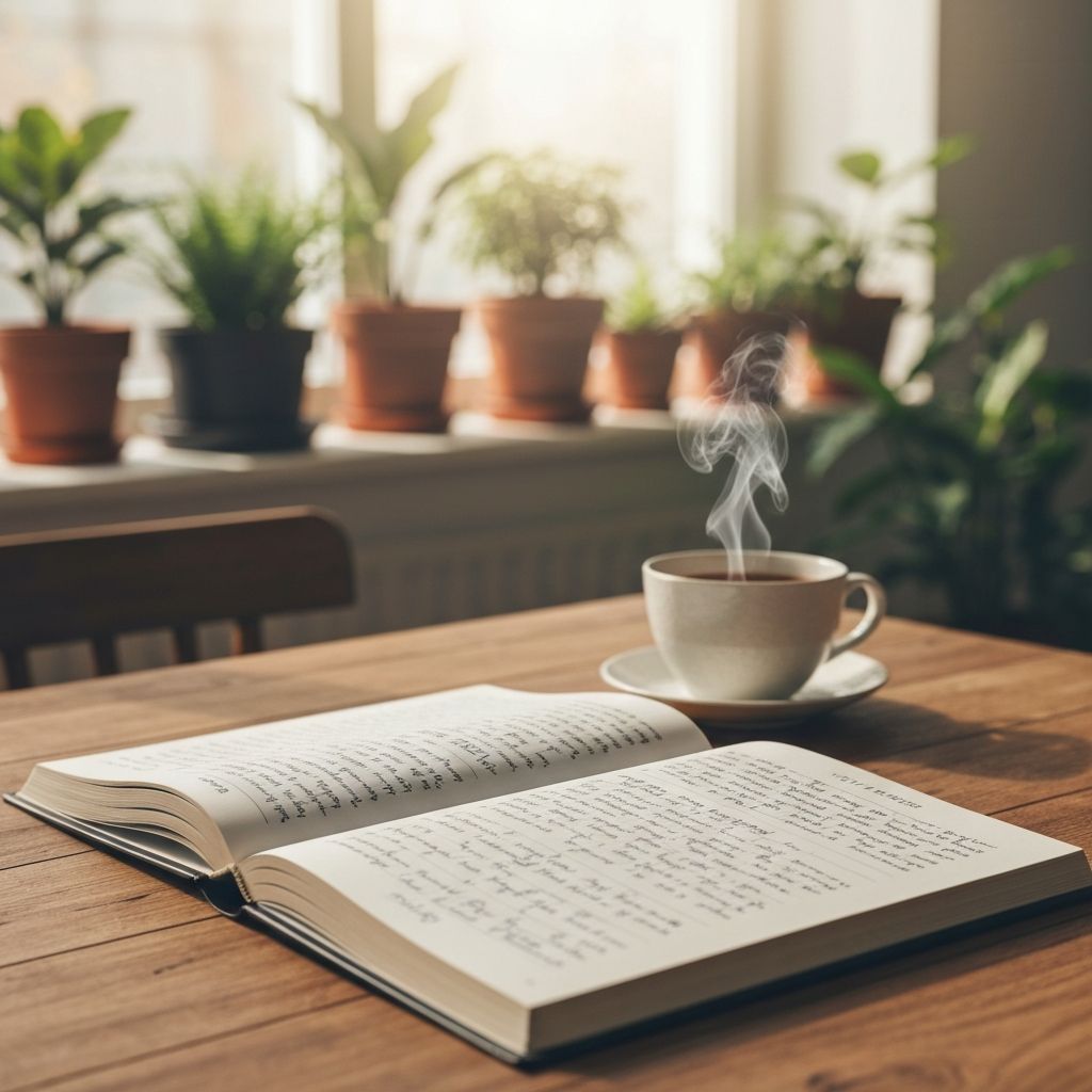 Open book with notes on natural wellness on wooden table with plants