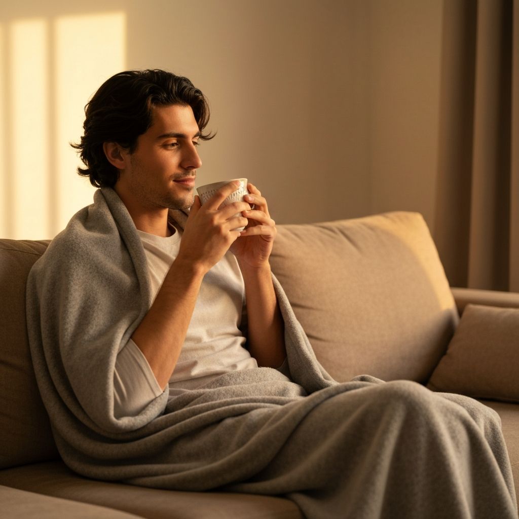 Person sitting on couch with blanket, sipping tea at golden hour